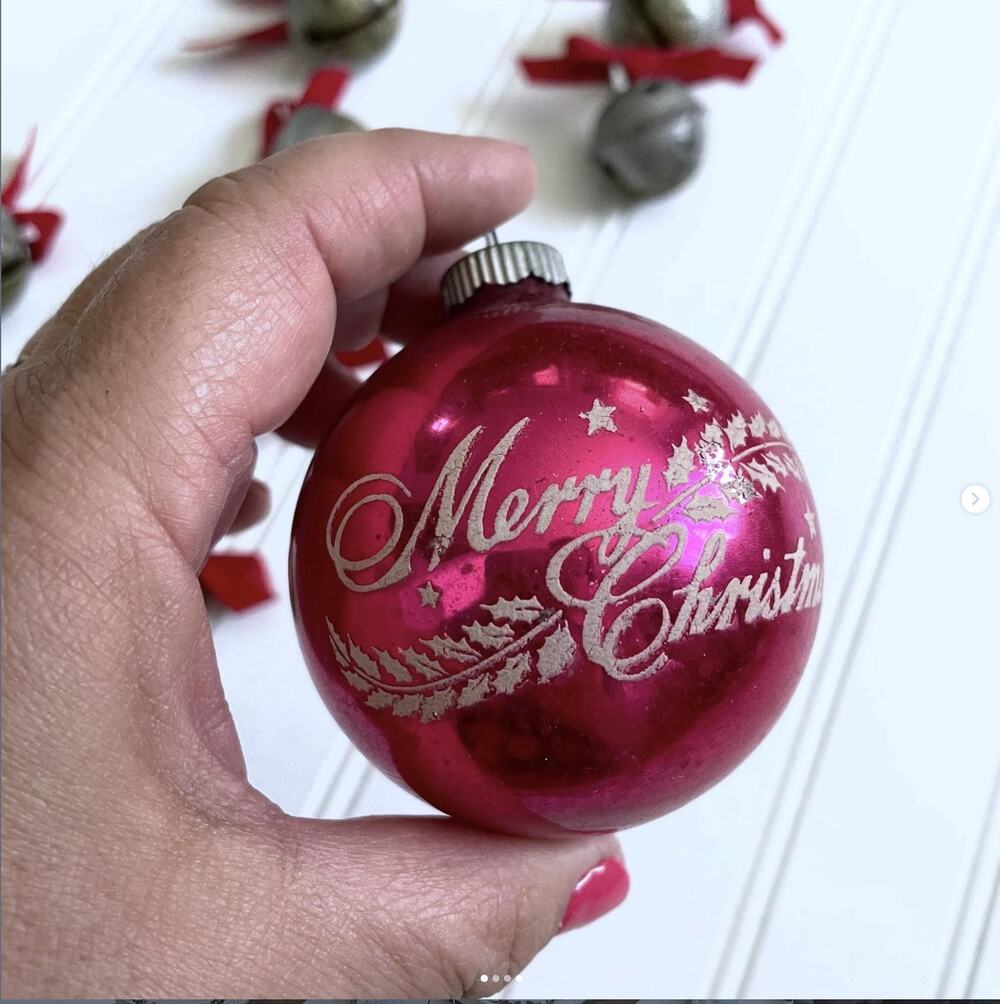 Vintage Merry Christmas Shiny Brite Stencil Ornament PINK Glass Ball Scroll